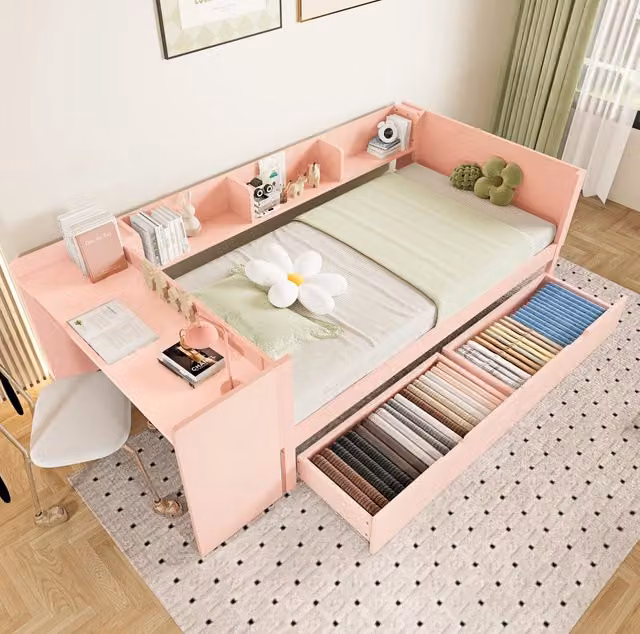 Letto singolo 90x200 cm con scrivania; 2 cassetti e 3 ripiani in legno di pino e truciolare