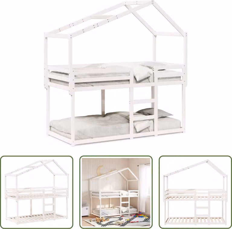 The Living Store Letto a castello con tetto bianco 80x200 cm in legno di pino massiccio