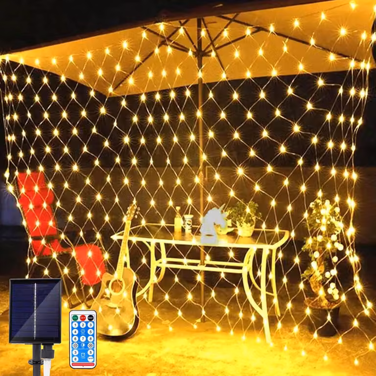 Rete luminosa a LED solare, dimensioni 1,5x1,5 metri, 96 LED, 8 modalità, impermeabile