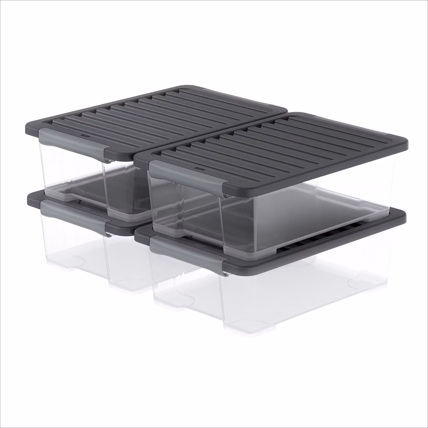 Rotho CORE PLUS Set di 4 contenitori 30 l – 59 × 39,5 × 18,5 cm – Contenitori in plastica con coperchio, maniglie chiudibili, adatti al contatto con gli alimenti, impilabili, trasparenti/neri