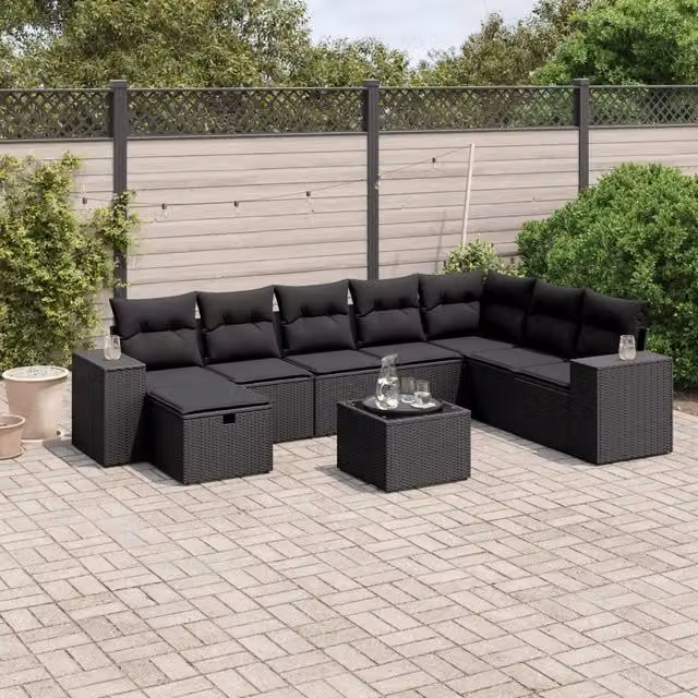 Set Divani da Giardino 9 pz con Cuscini Nero in Polyrattan 3264521