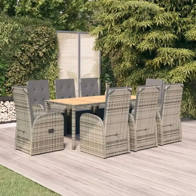 Set da pranzo da giardino vidaXL in polyrattan e legno di acacia con 9 pezzi e cuscini grigi – 1