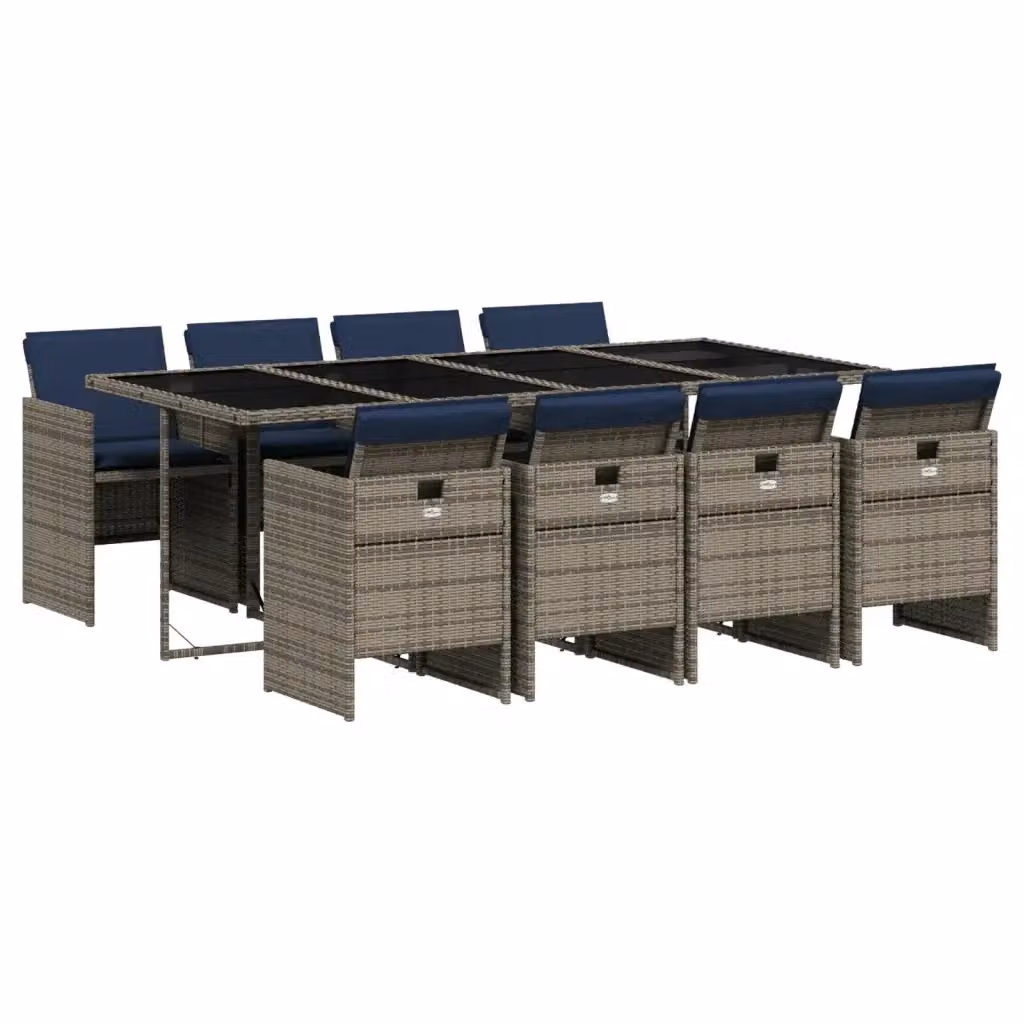 Set da pranzo da giardino vidaXL in polyrattan grigio con cuscini blu e tavolo rettangolare in vetro – 2