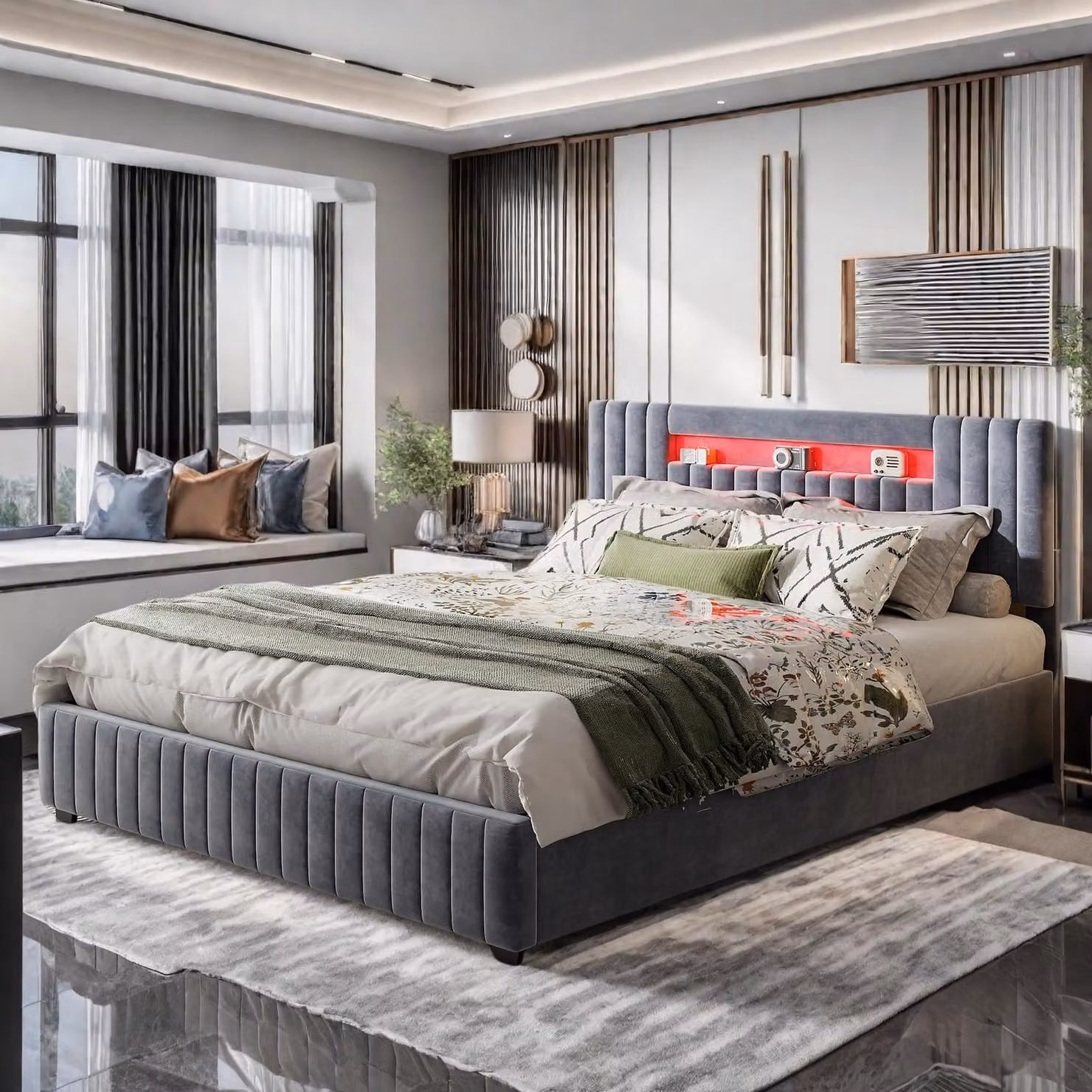 Letto matrimoniale 140x200cm in velluto grigio con box contenitore idraulico, testata a LED a 7 colori, telecomando e controllo tramite smartphone