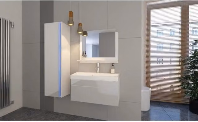 Insieme mobili da bagno bianchi collezione BIRD. Colonna, mobile sottolavabo, lavabo 60cm
