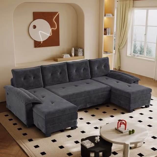 Divano letto modulare a U 278x127x87 cm con porte USB e cuscini rimovibili in ciniglia grigia