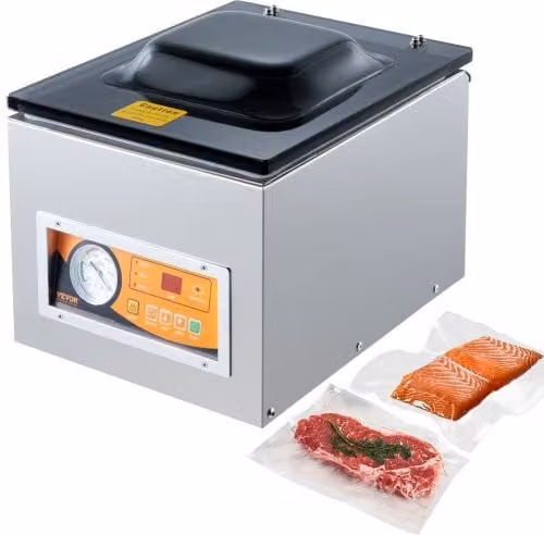 Macchina sottovuoto a camera VEVOR in acciaio inossidabile color argento, 260W, ideale per uso domestico e commerciale per alimenti umidi, carni e marinate, L: 32 cm, P: 32 cm, H: 31,6 cm