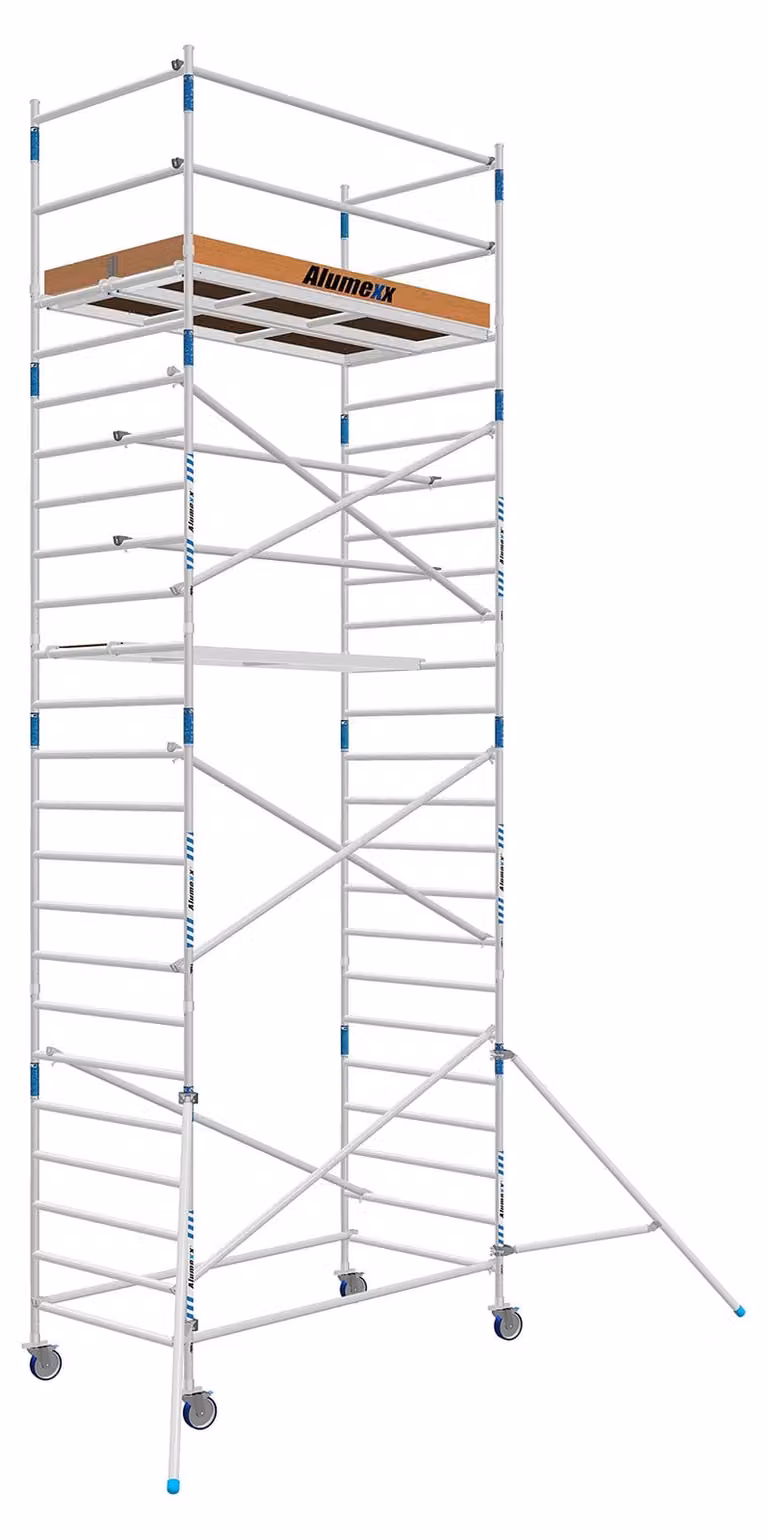 Piattaforma elevatrice mobile - Larghezza 135 cm - Altezza di lavoro 8,2 metri - Struttura in alluminio - Piattaforma in legno - Piattaforma elevatrice per edilizia