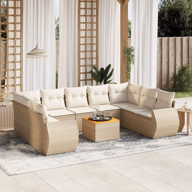 Set Divano da Giardino vidaXL 10 Pezzi in Polyrattan con Cuscini Beige e Tavolino da Esterno a Forma di L