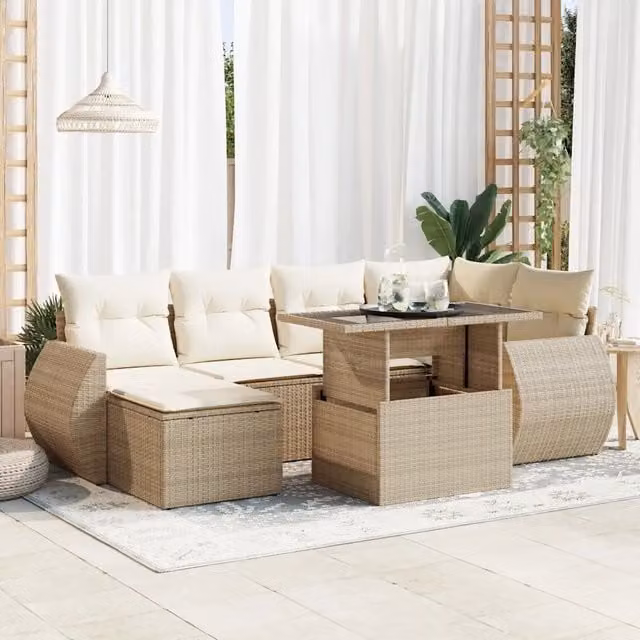 Set Divani da Giardino 7 pz con Cuscini Beige in Polyrattan 3326669