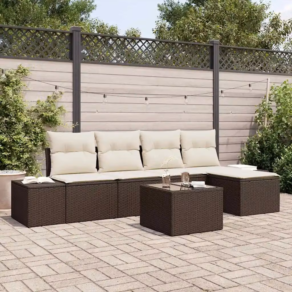 Set Divano da Giardino a L vidaXL 6 pz Marrone e Beige con Cuscini e Ottoman – 1