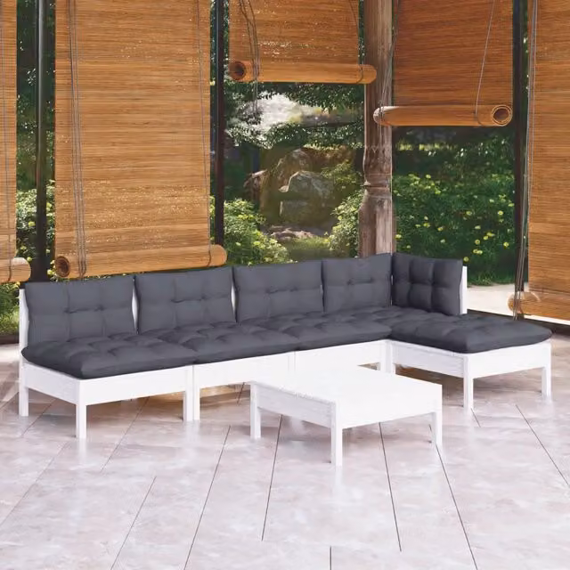 Set Divani da Giardino 6 pz con Cuscini Bianchi Legno di Pino 3096341