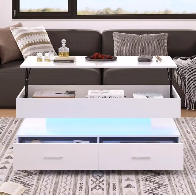 Tavolino da caffè idraulico bianco 100x50x44 cm con LED, Bluetooth, 2 cassetti e spazio aperto