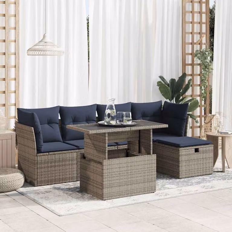 Set Divano da Giardino vidaXL 6 Pezzi a Forma di L in Polyrattan con Cuscini Grigio e Blu e Tavolino da Esterno