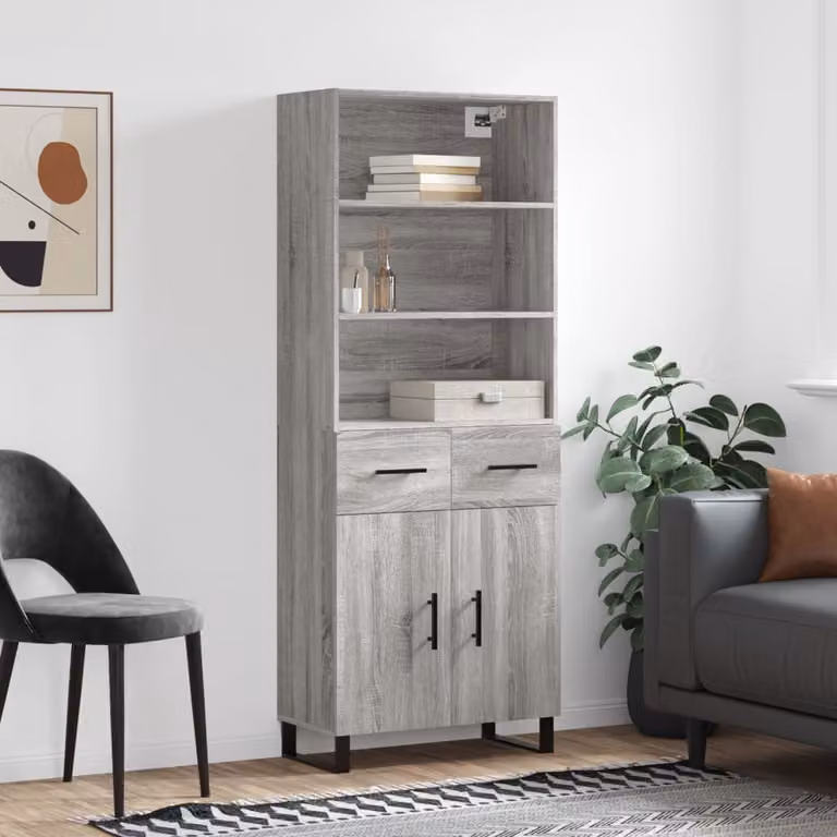Credenza moderna vidaXL in legno multistrato e metallo, colore Grigio Sonoma, L 69,5 cm x P 34 cm x H 180 cm