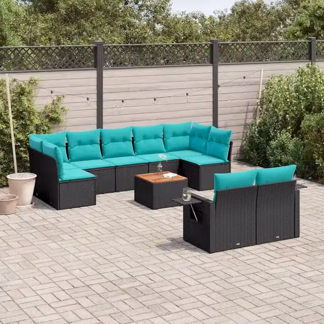 Set Divani da Giardino 10 pz con Cuscini Nero in Polyrattan 3224713