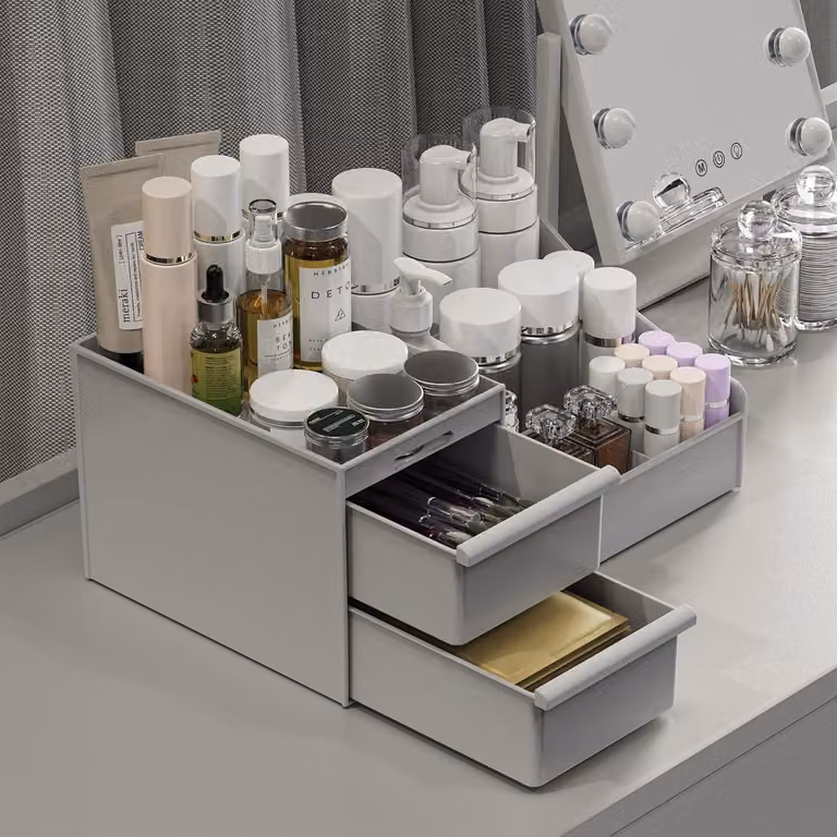Organizzatore per cosmetici con cassetti, colore grigio, realizzato in ABS, ideale per il trucco, il bagno o la toeletta