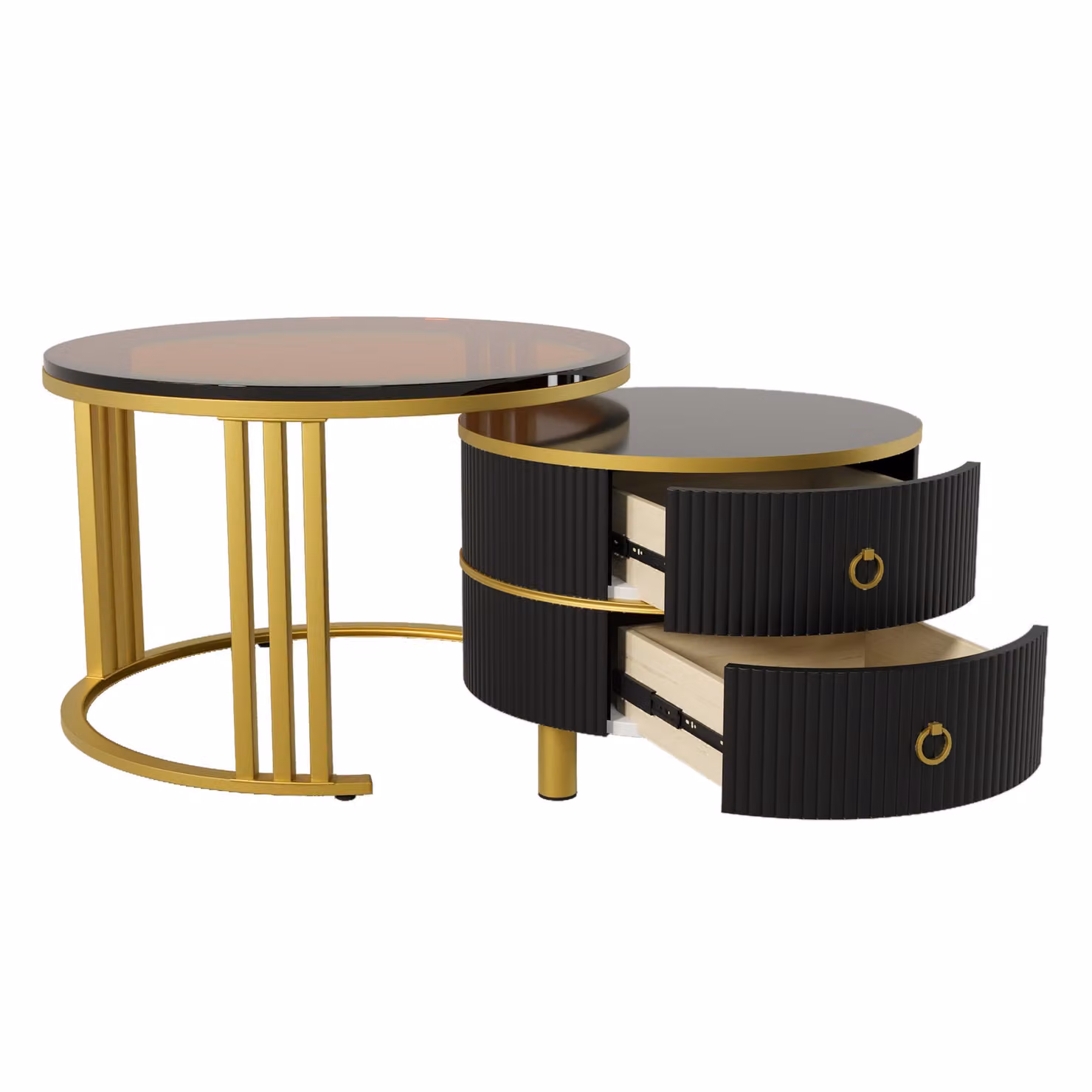 Tavolino da soggiorno 2-in-1 GL Store in MDF con piano lucido e vetro temperato, combinazione con 2 cassetti, marrone e nero – 2