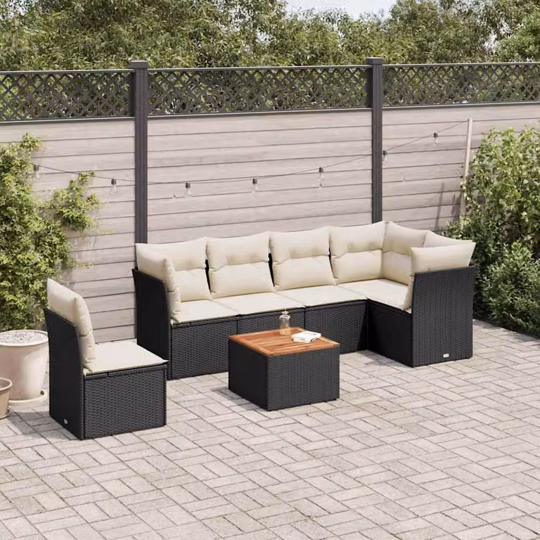 vidaXL Set Divano da Giardino a L con Cuscini 7pz in Polyrattan e Legno di Acacia Nero e Bianco