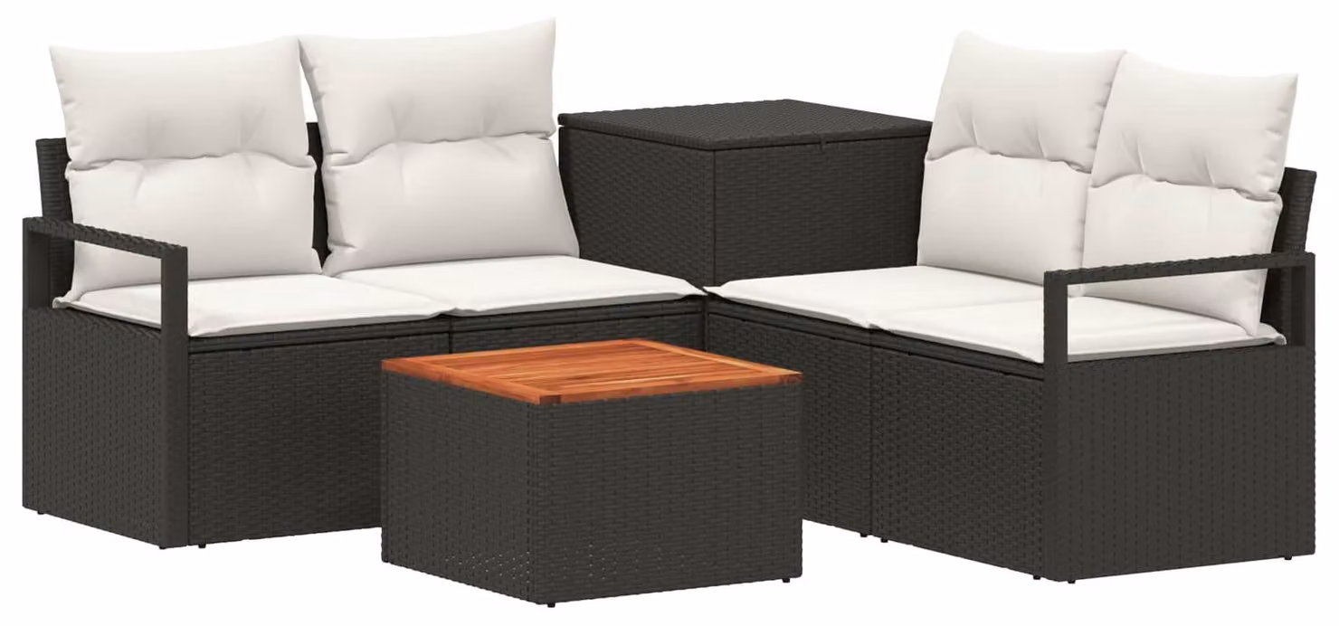 Set di divani da esterno, 6 pezzi. Colore: nero e crema. Materiali: rattan sintetico e acciaio