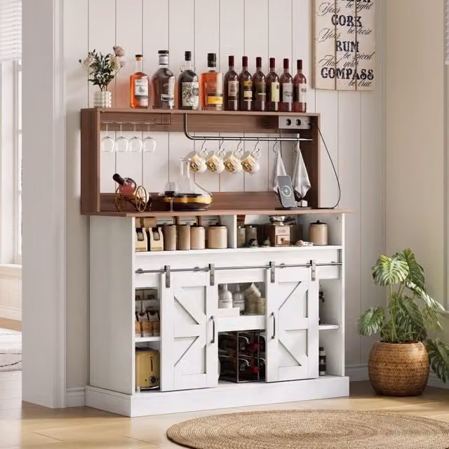 Credenza da cucina con porte scorrevoli, portabicchieri e prese, ripiani aperti, MDF bianco, per cucina, 120 × 40 × 130 cm