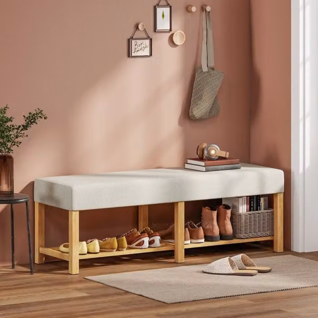 Panca da ingresso MIVRAY in legno di gomma con scarpiera, stile scandinavo, color bianco e beige, L 140 x P 44 x H 48 cm
