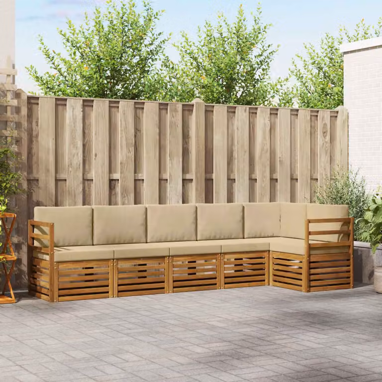Set di divani da esterno vidaXL a forma di L composto da 6 pezzi in legno di acacia con cuscini beige e marroni