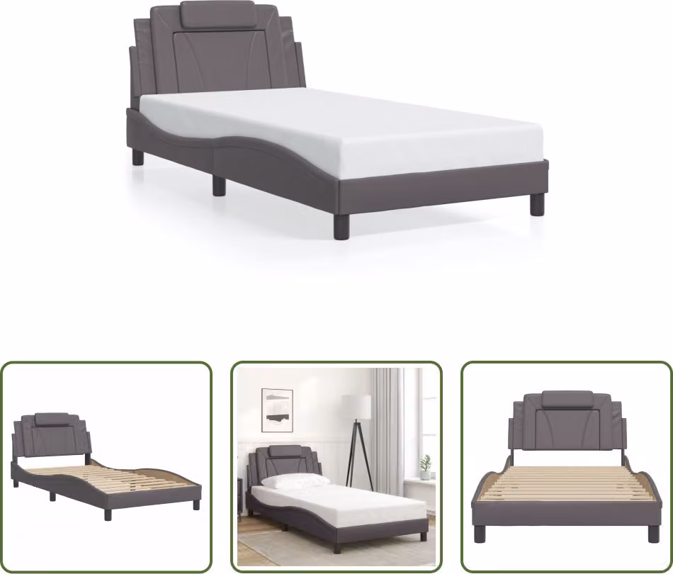 The Living Store Giroletto con testiera grigio 100x200 cm in ecopelle