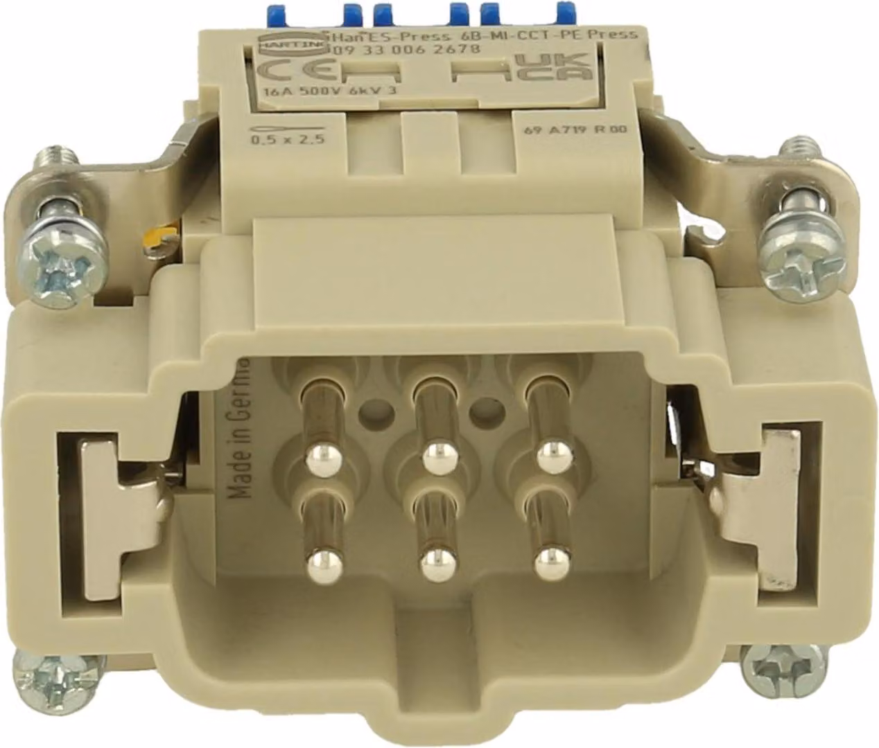 HARTING Han 6ES Press-SMC-SE-KZFA-PE Press Inserto maschio (M) Connettore a molla con gabbia Press / PE Press, 6 poli+PE 500V,