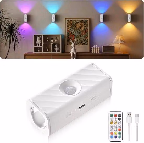Lampada da notte con sensore di movimento, applique con telecomando, illuminazione interna ricaricabile, 2 livelli di luminosità, sistema di fissaggio magnetico, ideale per scale, corridoi, cucine e bagni