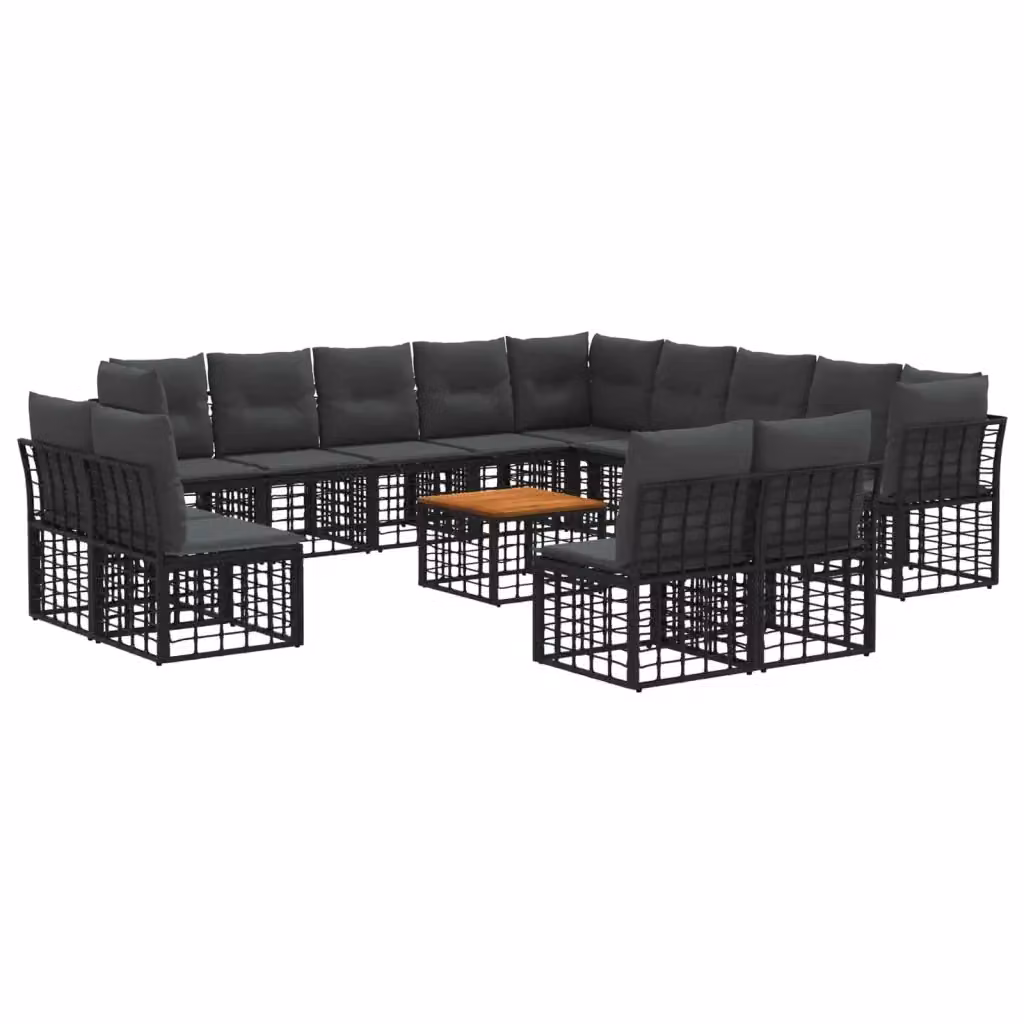 Set di divani da esterno vidaXL a forma di L con tavolo da caffè, colore nero e grigio, struttura in metallo e legno di acacia con cuscini inclusi e resistenti ai raggi UV – 2