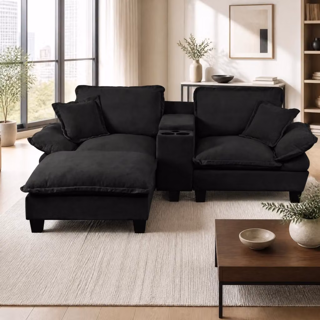 Divano angolare modulare MIVRAY in velluto nero con ottomana coordinata, porta bicchieri, ricarica USB e struttura in legno massello – 2