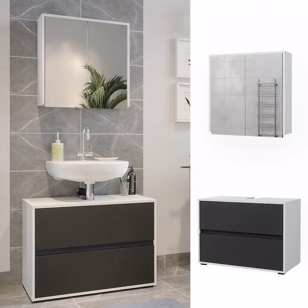 Set di mobili da bagno Vicco Maltin composto da mobile lavabo e pensile con specchio, Bianco/Antracite, design moderno a parete – 2
