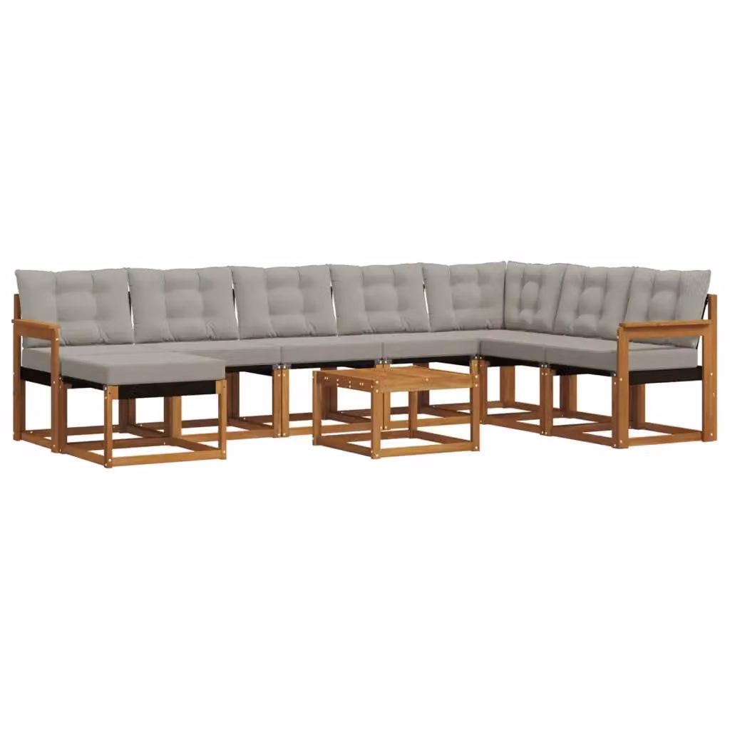 Set di divani da esterno a L vidaXL in legno di acacia con cuscini beige e grigi, composto da 9 pezzi con tavolino e pouf – 2