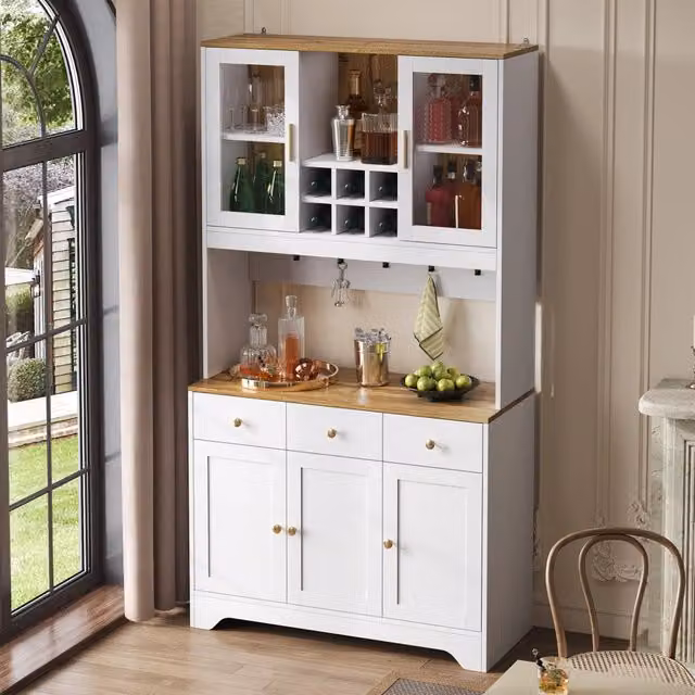Vetrina Mivray in MDF bianco effetto legno con cinque ante in vetro, tre cassetti e vani aperti, L/P/H: 94.5 x 30 x 175.5 cm