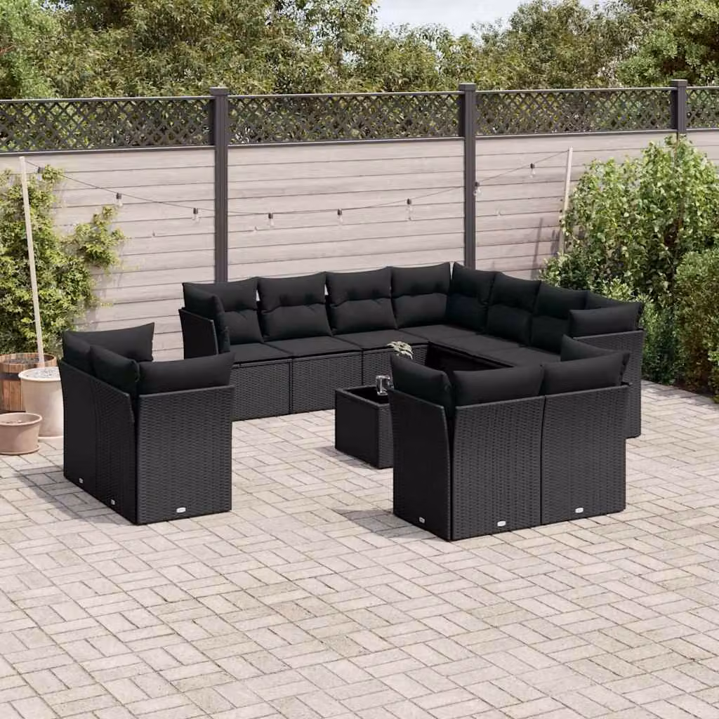 Set di divani da giardino vidaXL a forma di U in polyrattan nero con cuscini e tavolino da esterno – 1