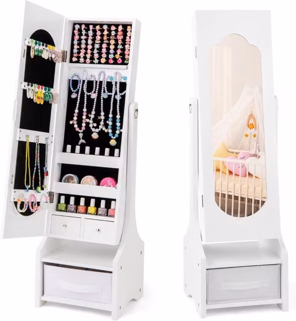 Armadio portagioie per bambine con specchio, ripiani e cassetti, design moderno in MDF laccato bianco