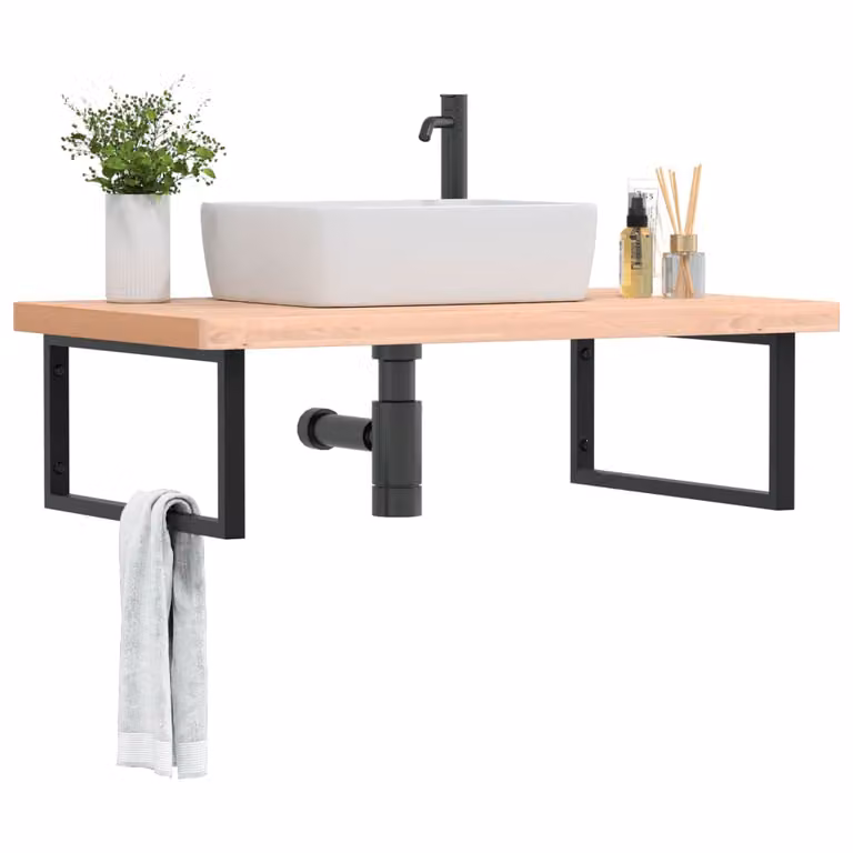 vidaXL Ripiano a Parete per Lavabo in Faggio e Metallo, Nero e Marrone, L: 60 cm, P: 25 cm, H: 3 cm