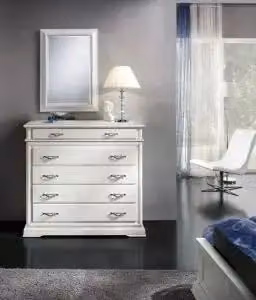 Comò KIVIO in legno stile shabby chic con 5 cassetti bianco opaco e decorazione a righe