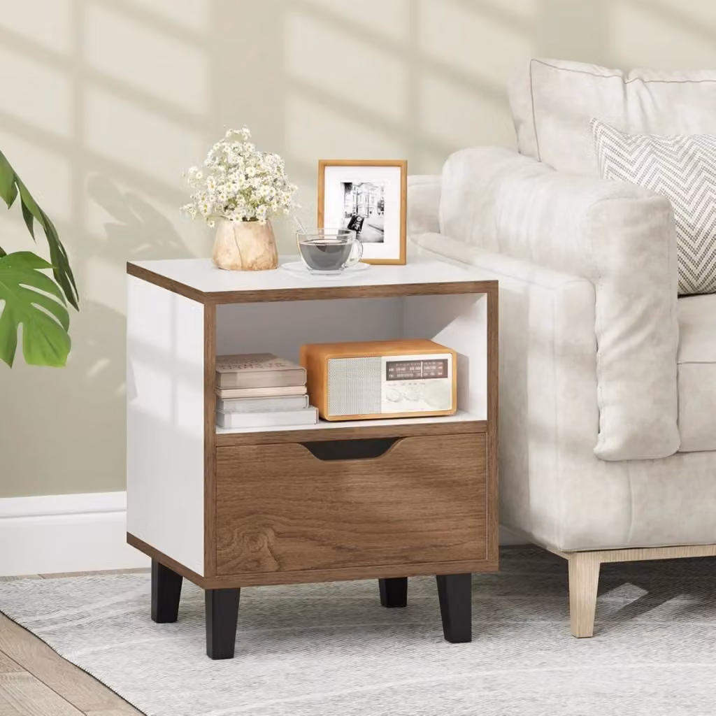 Set di 2 comodini moderni con cassetto e scomparto aperto, tavolini laterali in legno e metallo per camera da letto o soggiorno, bianco e marrone – 2