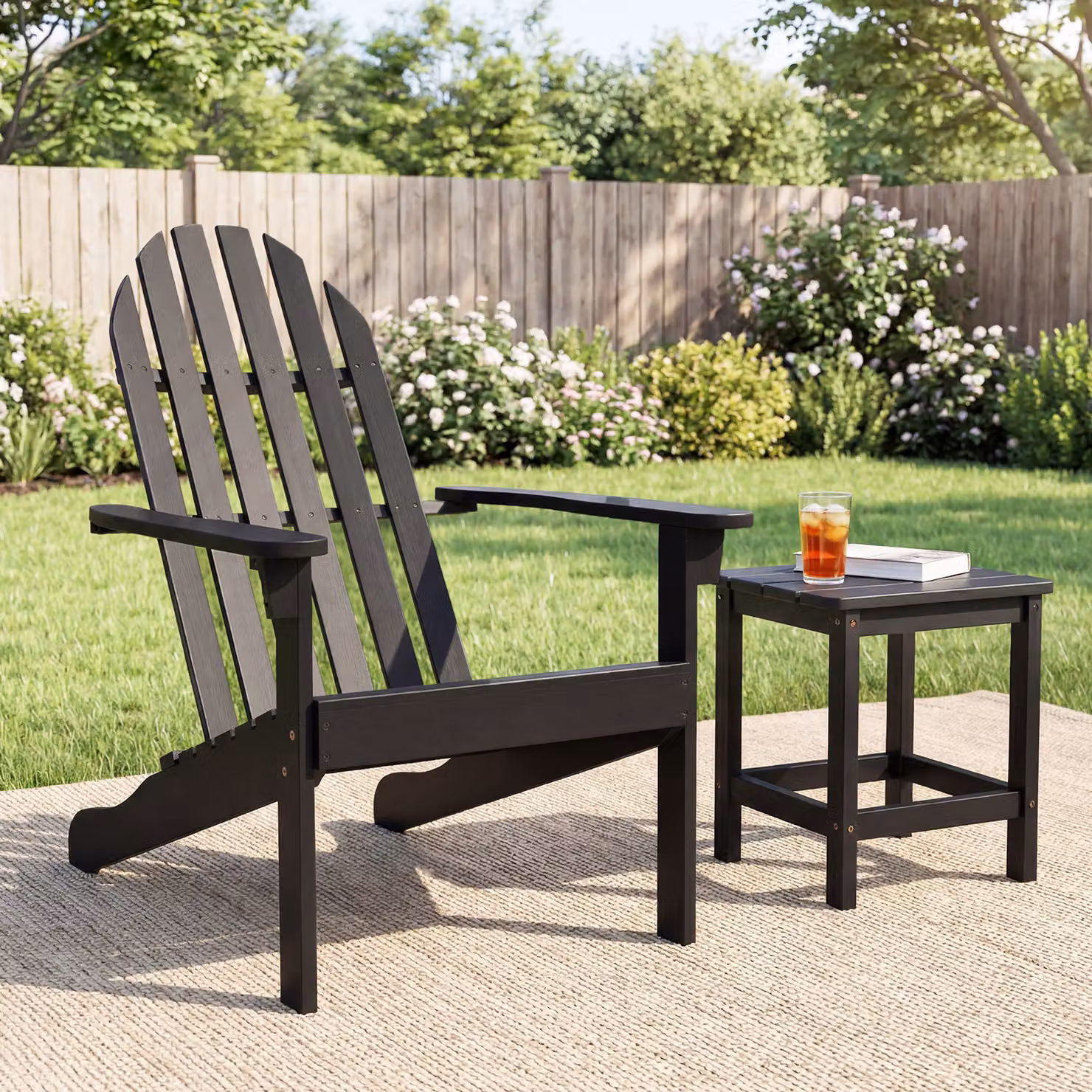 Sedia Adirondack da patio Costway in legno di acacia con seduta inclinata e schienale alto, poltrona ergonomica a doghe per giardino e piscina, Nero