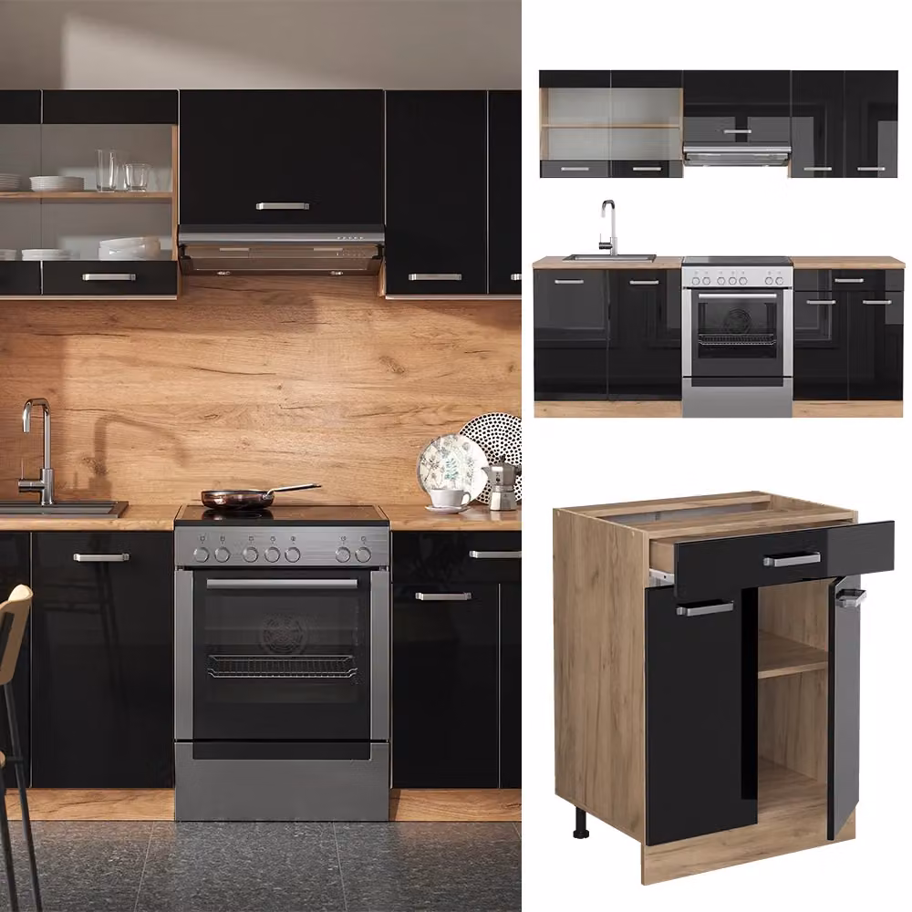Cucina componibile moderna R-Line Vicco in nero lucido e rovere, L: 200 cm – 2
