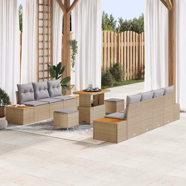 Set Divano da Giardino vidaXL 10 Pezzi con Cuscini Beige e Grigio in Acciaio Verniciato a Polvere
