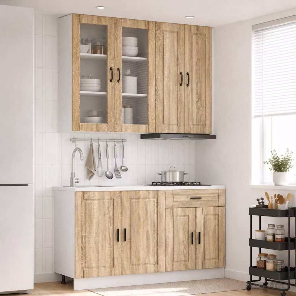 Set di mobili da cucina moderna vidaXL PORTO composto da 4 pezzi in legno ingegnerizzato e MDF, colore marrone, con ante in vetro e ripiani interni, L/P/H: 100 x 46 x 80 cm