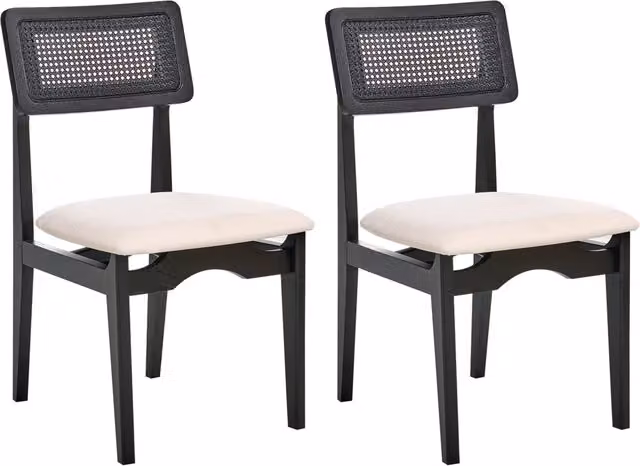 Set di 2 sedie da pranzo BELIANI in stile retro con seduta imbottita in tessuto beige e struttura in legno di gomma laccato nero, L/P/H: 47 x 59 x 87 cm