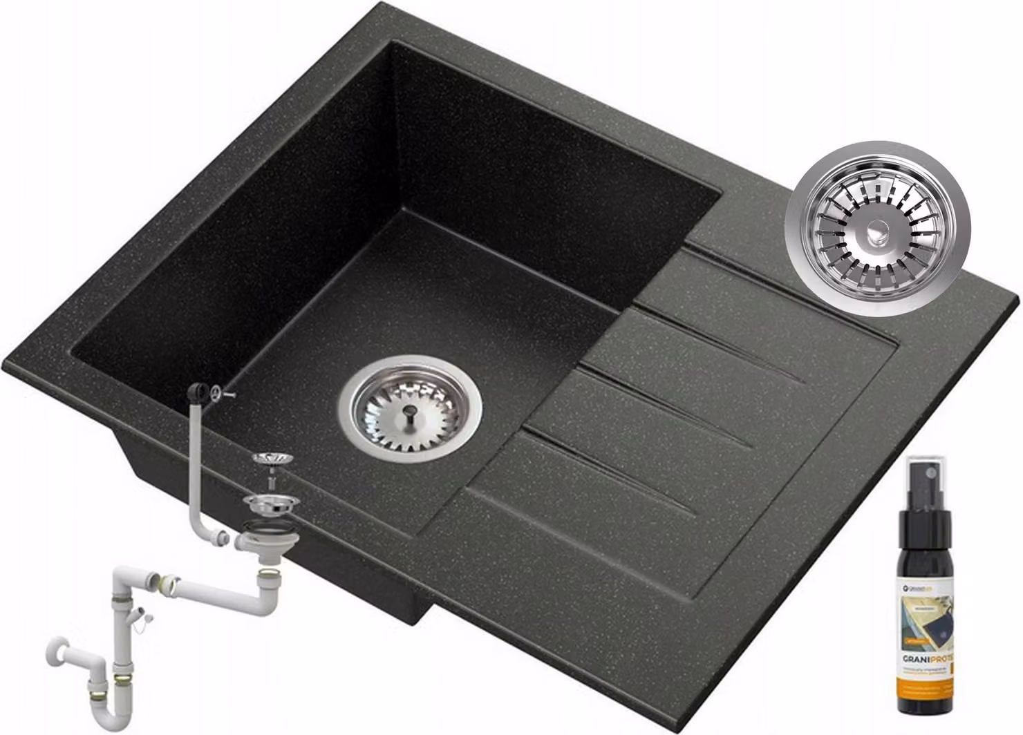 Granitan - Lavello in granito - Lavello da cucina - 57x46 cm - Nero - con sifone e scolapiatti - Lavello - MILANO