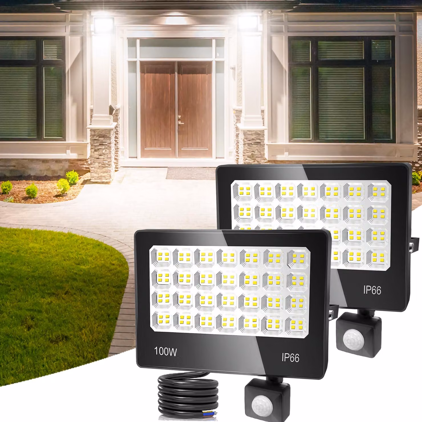 Fari a LED con sensore di movimento, set da 2, 100 W, 10.000 lumen, grado di protezione IP66
