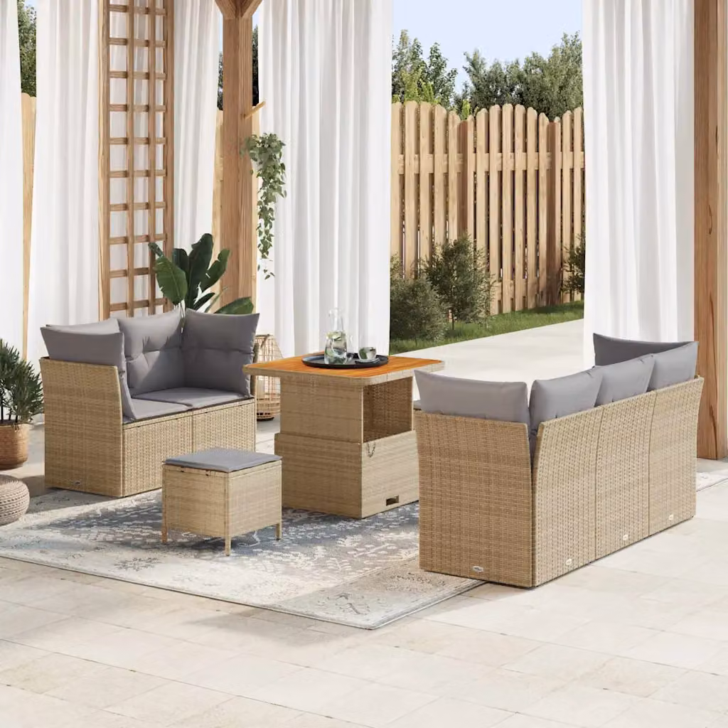 Set Divano da Giardino vidaXL 8 Pezzi a Forma di L con Tavolino, Ottoman e Cuscini, Colore Beige e Grigio – 1
