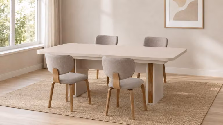 Set da pranzo vintage, beige e grigio, moderno, con tavolo allungabile e 4 sedie