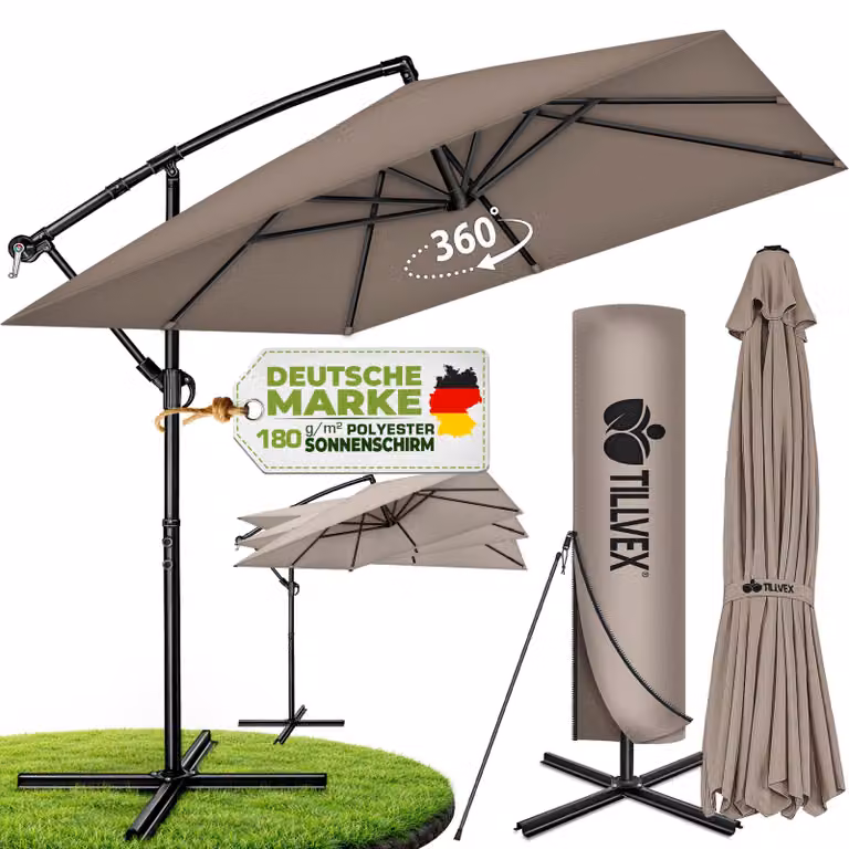 tillvex® Parasole in alluminio rettangolare, diametro 330 cm, grigio, con copertura e manovella | Parasole a gondola angolare con supporto | Parasole da giardino in alluminio con protezione UV | Parasole con manovella, impermeabile, girevole a 360°